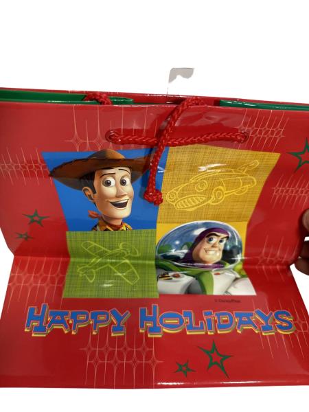 Disney/Pixar Buzz Lightyear Happy Holidays Red Gift Bag with Cartoon Characters