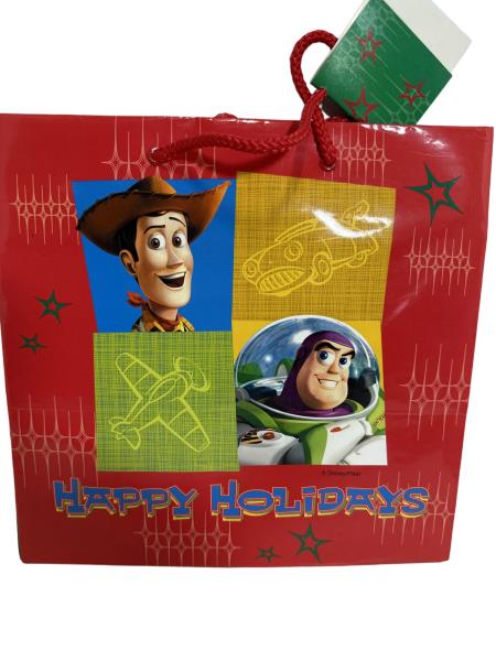 Disney/Pixar Buzz Lightyear Happy Holidays Red Gift Bag with Cartoon Characters